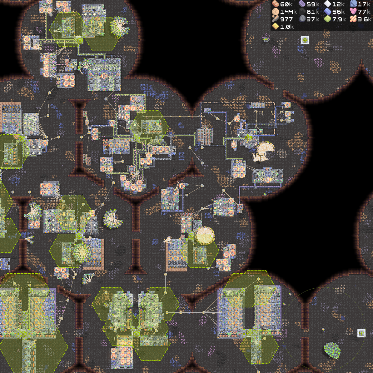 Mindustry szektor-n&eacute;zet: mag, fut&oacute;szalag-h&aacute;l&oacute;zat, tornyok. &copy; Anuken / Anuken Studio, GPLv3
